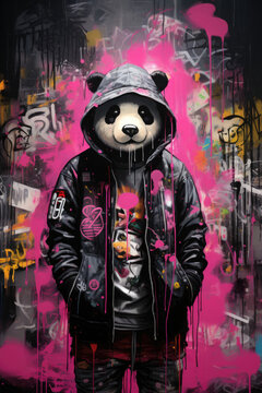 A cool panda bear. Donning a sleek black jacket, the panda exudes confidence as it poses against a graffiti wall, adorned with vibrant pink spray stains, showcasing the fusion of wild nature and stree