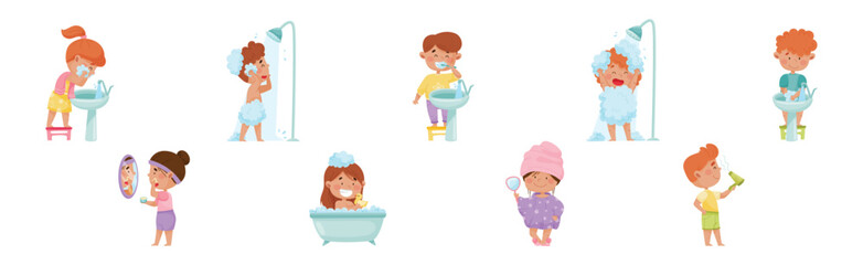 Kid Characters in the Bathroom Washing and Grooming Vector Set