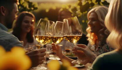 Capture the moment when group of happy people are toasting wine glasses amidst a lush vineyard garden