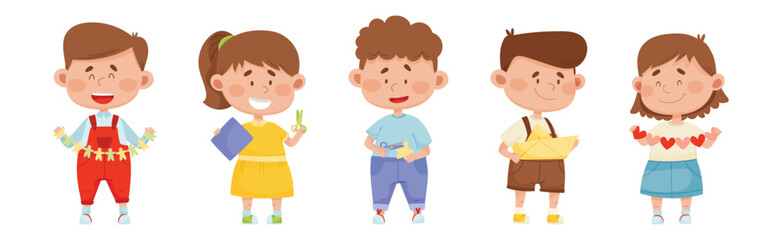 Happy Kid Characters Make Paper Applique Vector Set