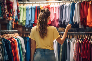 A young woman enjoying shopping on her day off, shopping at a casual T-shirt store, selecting clothing products that suit her lifestyle, shopping concept.