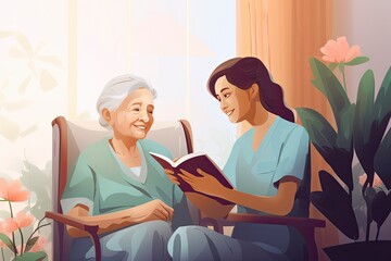 Obraz premium A woman reading a book while another woman sits in a chair nearby created with Generative AI technology