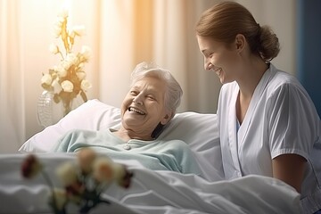 Obraz premium A patient and a woman in a hospital bed created with Generative AI technology