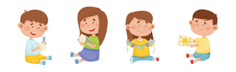 Happy Kid Characters Make Paper Applique Vector Set