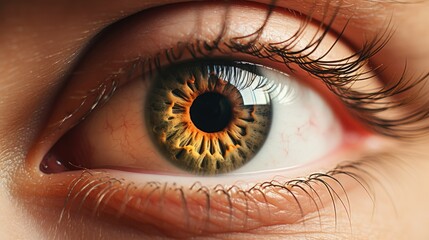 Fototapeta premium Close-up stock image of a human eye with a brown iris, visible details of eyelashes and eyelids. Macro shot showcasing the beauty of the eye, emphasizing cosmetics, skincare, and eye health. Perfect 