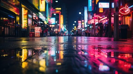 Vibrant city street at night with colorful neon signs reflecting on wet pavement. Energetic and bustling urban ambiance, capturing the vibrant atmosphere of the cityscape at night.