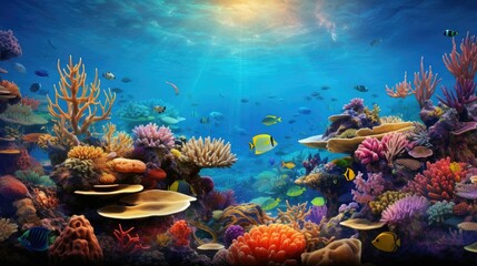 Vibrant, colorful underwater coral reef teeming with life - fish, sea turtles, and exotic marine plants. Hyper-realistic with intricate patterns, textures, and vibrant colors. Mesmerizing, immersive 