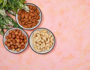 Flat lay composition. Nuts for complete proper nutrition and green plant. Copy space for text.