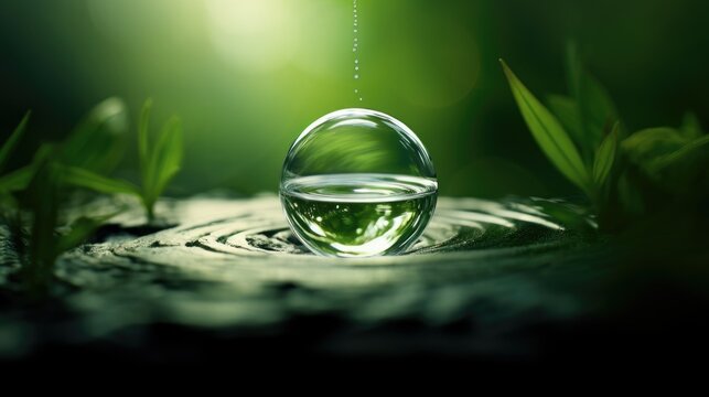Close-up of a hyper-realistic water droplet, suspended mid-air, showcasing refraction of light and surface ripples. Detailed droplet with blurred bokeh, surrounded by green foliage, evoking tranquili