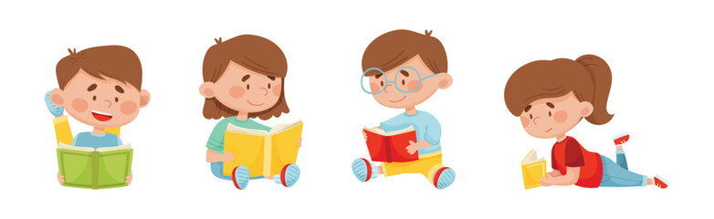 Children Characters Reading Book as Literature Fans Vector Set