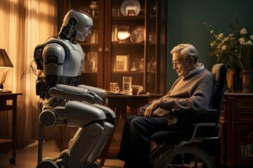 Elderly care of the future A man sitting next to a robot in a chair created with Generative AI technology