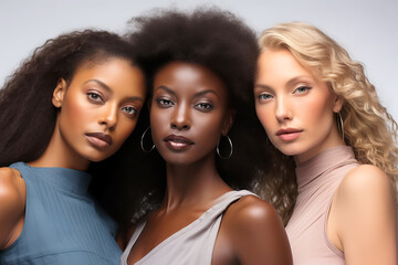 Multiethnic women of different ages with unique skin tone. Beautiful natural diversity people.