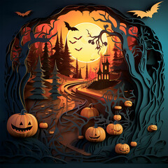  halloween pumpkin house themed decorations 3d paper cut style generative ai