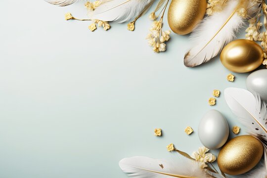 Happy Easter concept with golden easter eggs, feathers and spring flowers. Easter background with copy space. Flat lay, Generative AI 