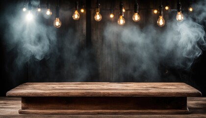 Empty Blank Old Dark Brown Wooden Table Podium Stand Platform White Smoke Smog Fume Dim Lamps Glow Grudge Wall Background Eerie Rustic Backdrop Halloween Creepy Banner Mockup Product Display Showcase 