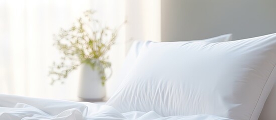 Cozy pillows on a bed with white sheets and a light wall background Concept of a fresh bed