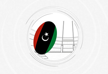 Libya flag on rugby ball, lined circle rugby icon with ball in a crowded stadium. - obrazy, fototapety, plakaty