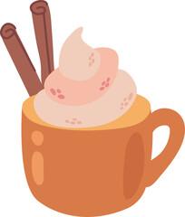 Hand-drawn cup with cocoa and cinnamon.