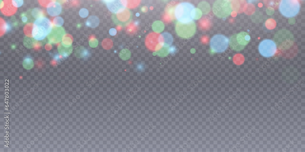 Poster Multi-colored light bokeh. Christmas glowing bokeh and glitter overlay texture for your design on a transparent background. Particles abstract vector background.