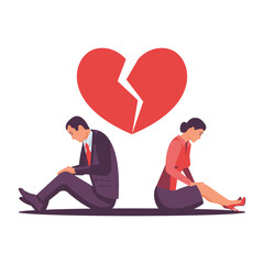 Breakup heart concept. A man and a woman sit with their backs to each other. Crisis relationship divorce. Unhappy love, conflict. Vector illustration flat design.