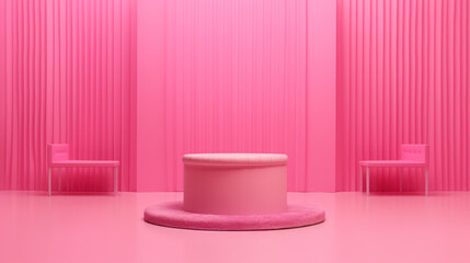 Vibrant pink podium in a plastic doll world, perfect for fashion product presentations