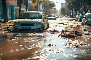 Flooded cars on on city street. Dirt and destruction after natural flood disaster - obrazy, fototapety, plakaty