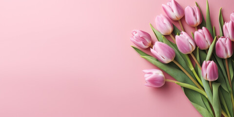 Beautiful spring tulip flowers on a pink background seen from above, vibrant and colorful blossoms in nature's display