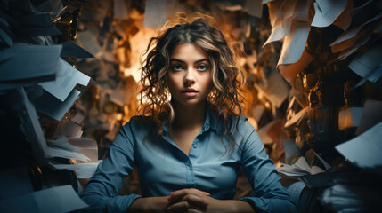 A young woman appears overwhelmed by towering piles of chaotic paperwork, symbolizing stress and disorganization in a work environment - obrazy, fototapety, plakaty