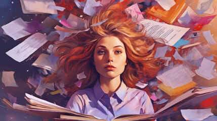 Surreal portrait of a young woman surrounded by a whirlwind of papers and books, depicting a blend of chaos and tranquility in a dreamlike study scene