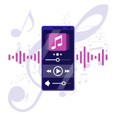 Phone with media player app with musical abstract notes. Playing audio. Smartphone music player user interface. Vector illustration flat design. Isolated on white background.