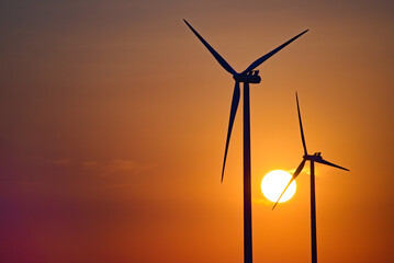 Wind Power Plant Sunset - obrazy, fototapety, plakaty