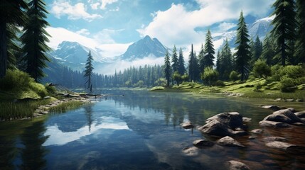 a tranquil mountain lake reflecting the surrounding forest. 