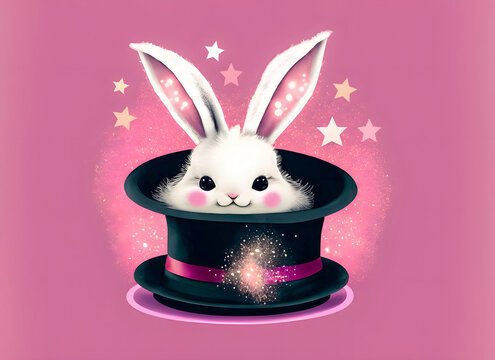 A cute white bunny in a top hat, magic show background, illustration,
