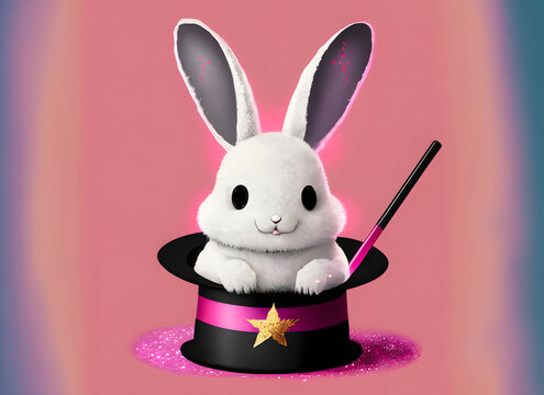 A cute white bunny in a top hat, magic show background, illustration,