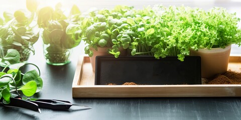 Micro greens and Black chalk board flat lay. Healthy eating concept, Generative AI 