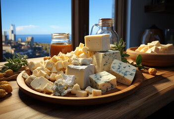 Fototapeta premium Various types of cheese on rustic wooden table. Created with Generative AI