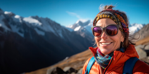 Portrait mature woman hiker with sunglasses - obrazy, fototapety, plakaty