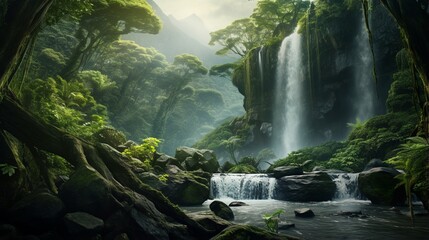 an image of a cascading waterfall amidst a lush mountain forest. 
