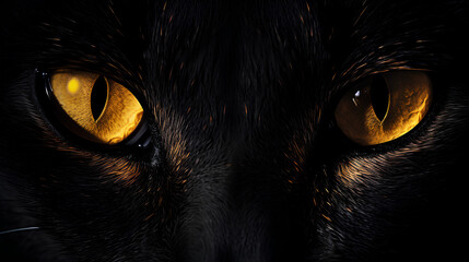 Close-up of black cat's eyes. Background of large cat eyes with a fixed and penetrating gaze.