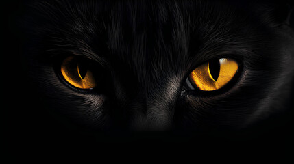 Close-up of black cat's eyes. Background of large cat eyes with a fixed and penetrating gaze.