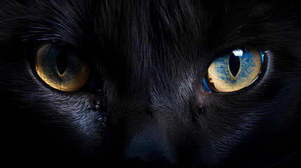 Close-up of black cat's eyes. Background of large cat eyes with a fixed and penetrating gaze.