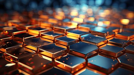 Fototapeta premium Hexagonal tech components glow in a modern abstract design, horizontal dark theme
