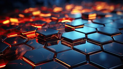 Fototapeta premium Hexagonal tech components glow in a modern abstract design, horizontal dark theme