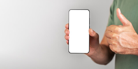 Mobile phone mock up, screen mockup in hand, banner background