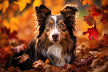 Fototapeta premium Pet dog in colorful autumn leaves. Generative AI