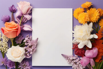 Colorful flowers background with white sheet of paper. Frame in flowers. Mockup. Generative AI