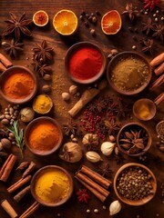 A vibrant, textured landscape of spices on a smooth, polished wooden board, illuminated by a warm, inviting light.