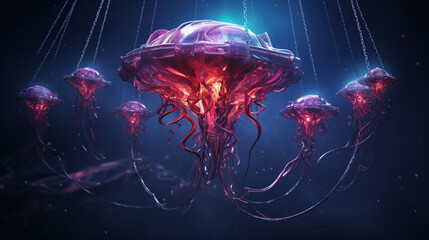 Futuristic jellyfish-like armillary chains in surreal sci-fi photography, a mesmerizing cosmic spectacle. © swissa