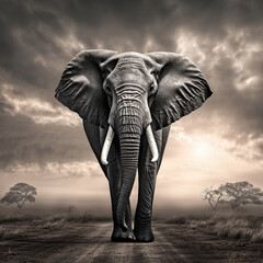 Majestic royal elephant against a stunning African sunset, captured in dramatic black-and-white