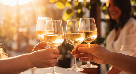 Friends toasting white wine glasses in sunny winery or wedding, capturing joyful celebration